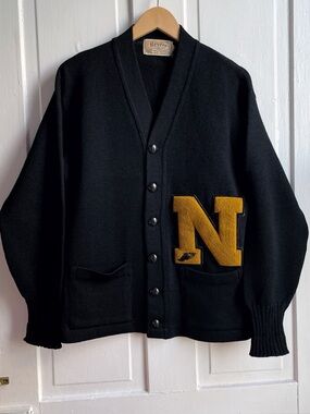 Vintage 50s Revere Knitting Mill 100% Wool N Varsity Letterman Cardigan Sweater